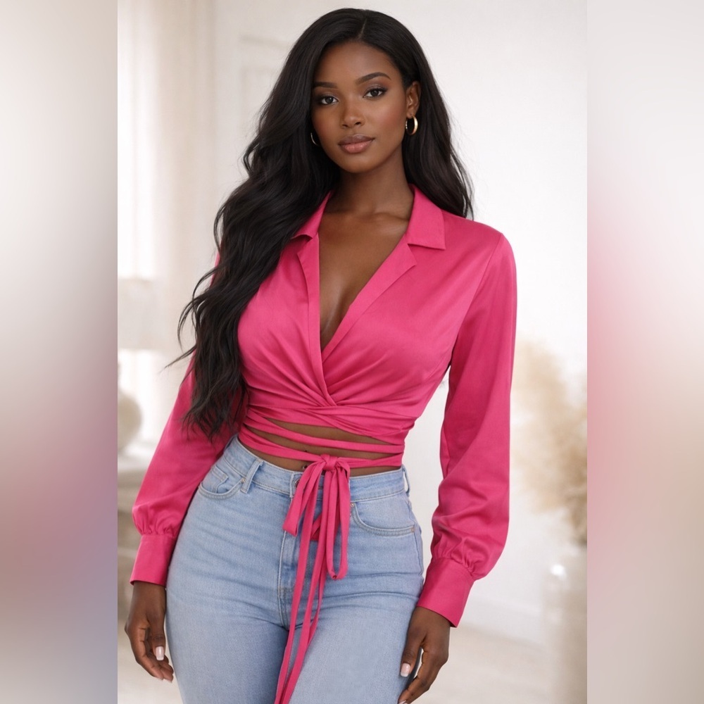 Fashion Nova Hot Pink Wrap Tie-Front Blouse Fuchsia Collared V-Neck Size XL